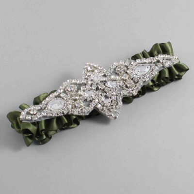 Moss Satin Wedding Garter / Solid Green Wedding Garters / Lorine # (570-570)-01-A09-Silver