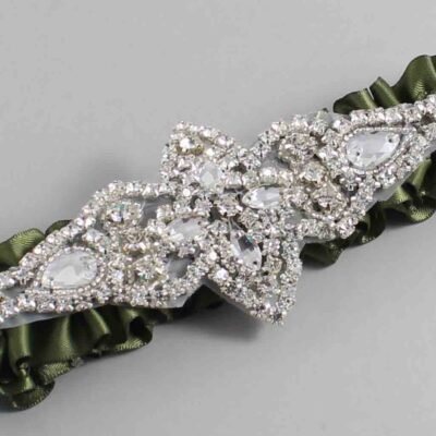 Moss Satin Wedding Garter / Solid Green Wedding Garters / Lorine # (570-570)-01-A09-Silver
