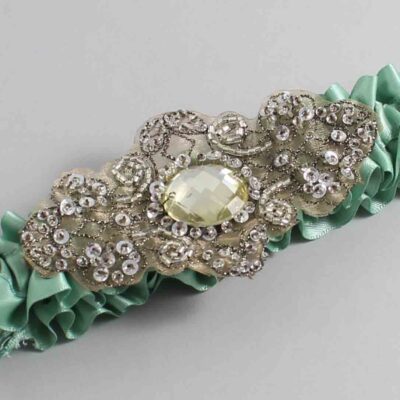 Sage Green Satin with Brown Wedding Garter / Green Wedding Garters / Bijou # (577-577)-01-A01-Antique