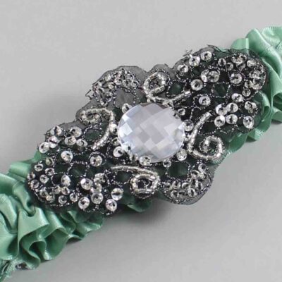 Sage Green Satin with Black Wedding Garter / Green Wedding Garters / Bijou # (577-577)-01-A02-Black