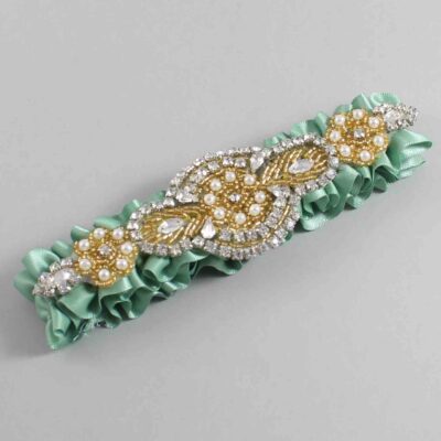Sage Green Satin with Gold Wedding Garter / Green Wedding Garters / Charlotte # (577-577)-01-A05-Gold