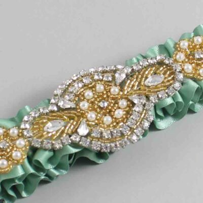 Sage Green Satin with Gold Wedding Garter / Green Wedding Garters / Charlotte # (577-577)-01-A05-Gold