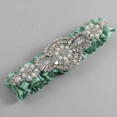 Sage Green Satin Wedding Garter / Solid Green Wedding Garters / Charlotte # (577-577)-01-A06-Silver