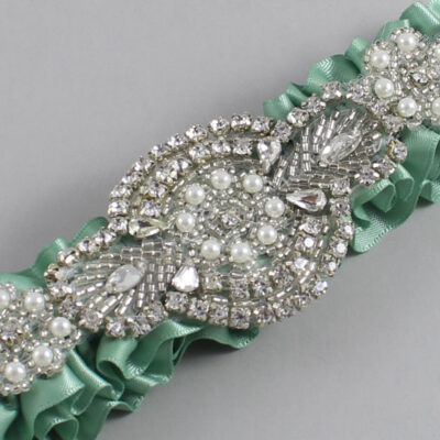 Sage Green Satin Wedding Garter / Solid Green Wedding Garters / Charlotte # (577-577)-01-A06-Silver