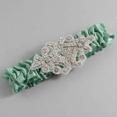 Sage Green Satin Wedding Garter / Solid Green Wedding Garters / Heather # (577-577)-01-A07-Silver