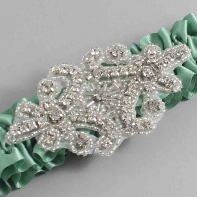 Sage Green Satin Wedding Garter / Solid Green Wedding Garters / Heather # (577-577)-01-A07-Silver