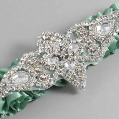Sage Green Satin Wedding Garter / Solid Green Wedding Garters / Lorine # (577-577)-01-A09-Silver