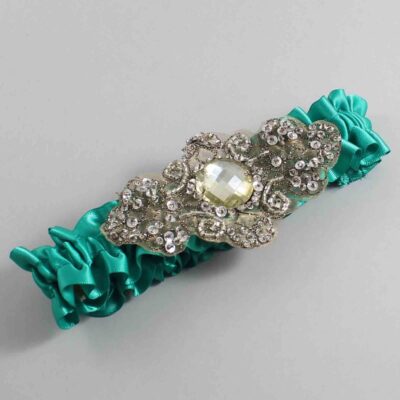 Parrot Green Satin with Brown Wedding Garter / Teal Wedding Garters / Bijou # (583-583)-01-A01-Antique