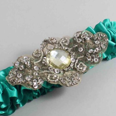 Parrot Green Satin with Brown Wedding Garter / Teal Wedding Garters / Bijou # (583-583)-01-A01-Antique