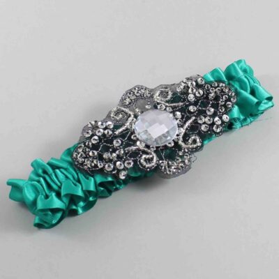 Parrot Green Satin with Black Wedding Garter / Teal Wedding Garters / Bijou # (583-583)-01-A02-Black