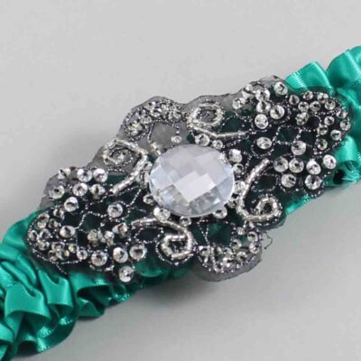 Parrot Green Satin with Black Wedding Garter / Teal Wedding Garters / Bijou # (583-583)-01-A02-Black