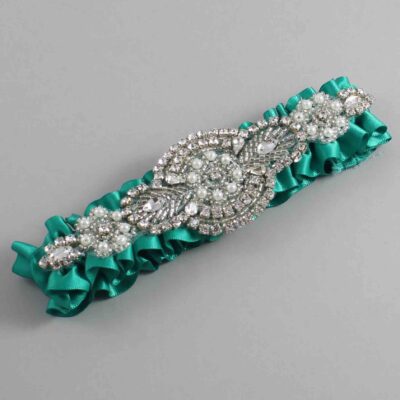 Parrot Green Satin Wedding Garter / Solid Teal Wedding Garters / Charlotte # (583-583)-01-A06-Silver