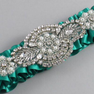 Parrot Green Satin Wedding Garter / Solid Teal Wedding Garters / Charlotte # (583-583)-01-A06-Silver