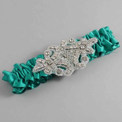Parrot Green Satin Wedding Garter / Solid Teal Wedding Garters / Heather # (583-583)-01-A07-Silver