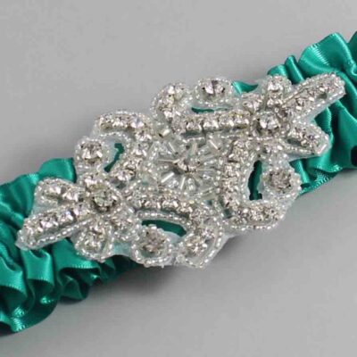 Parrot Green Satin Wedding Garter / Solid Teal Wedding Garters / Heather # (583-583)-01-A07-Silver