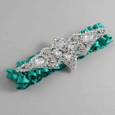 Parrot Green Satin Wedding Garter / Solid Teal Wedding Garters / Lorine # (583-583)-01-A09-Silver