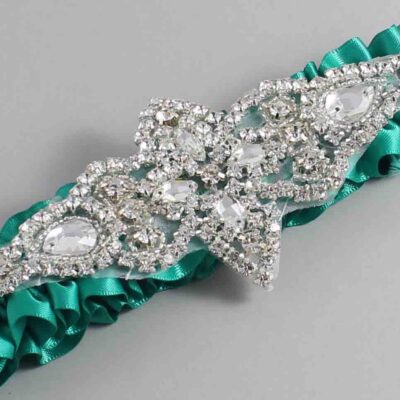 Parrot Green Satin Wedding Garter / Solid Teal Wedding Garters / Lorine # (583-583)-01-A09-Silver