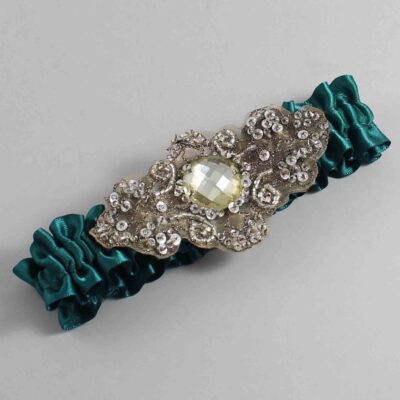 Jungle Green Satin with Brown Wedding Garter / Green Wedding Garters / Bijou # (589-589)-01-A01-Antique