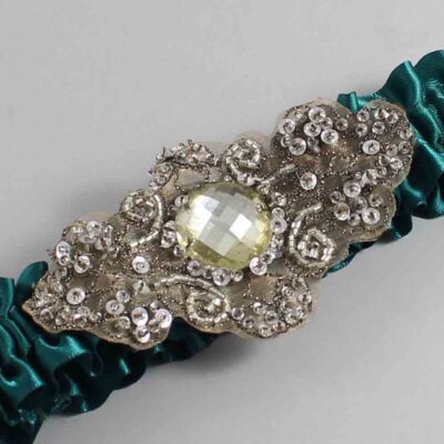 Jungle Green Satin with Brown Wedding Garter / Green Wedding Garters / Bijou # (589-589)-01-A01-Antique