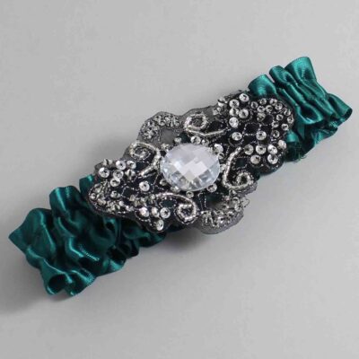 Jungle Green Satin with Black Wedding Garter / Green Wedding Garters / Bijou # (589-589)-01-A02-Black