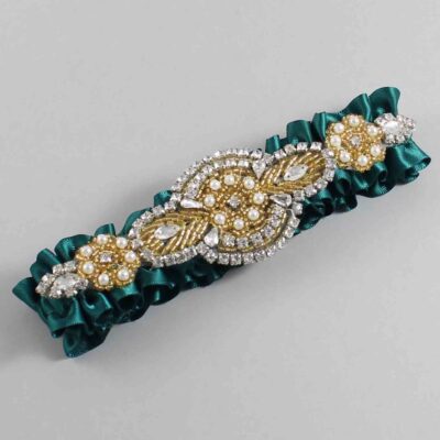 Jungle Green Satin with Gold Wedding Garter / Green Wedding Garters / Charlotte # (589-589)-01-A05-Gold