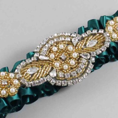 Jungle Green Satin with Gold Wedding Garter / Green Wedding Garters / Charlotte # (589-589)-01-A05-Gold