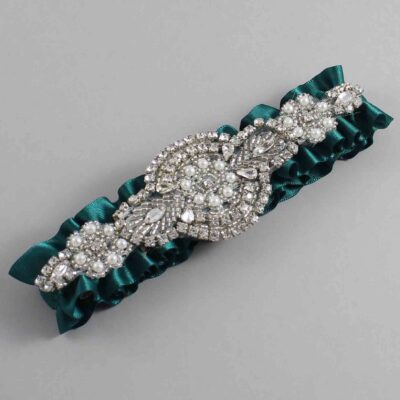 Jungle Green Satin Wedding Garter / Solid Green Wedding Garters / Charlotte # (589-589)-01-A06-Silver