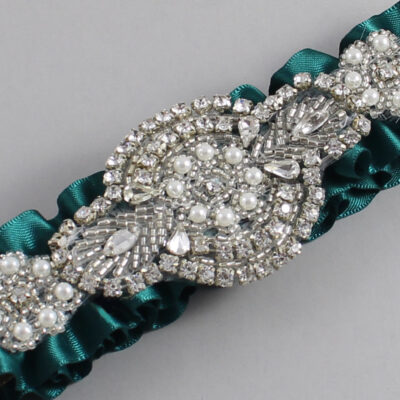 Jungle Green Satin Wedding Garter / Solid Green Wedding Garters / Charlotte # (589-589)-01-A06-Silver