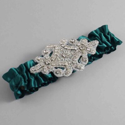 Jungle Green Satin Wedding Garter / Solid Green Wedding Garters / Heather # (589-589)-01-A07-Silver
