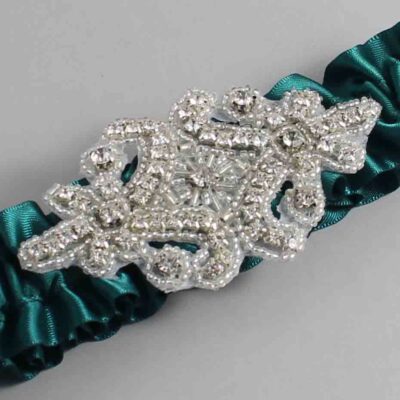 Jungle Green Satin Wedding Garter / Solid Green Wedding Garters / Heather # (589-589)-01-A07-Silver