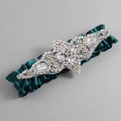 Jungle Green Satin Wedding Garter / Solid Green Wedding Garters / Lorine # (589-589)-01-A09-Silver