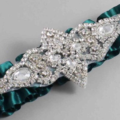 Jungle Green Satin Wedding Garter / Solid Green Wedding Garters / Lorine # (589-589)-01-A09-Silver
