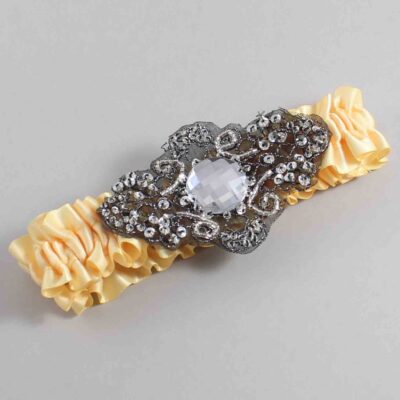 Chamois Satin with Black Wedding Garter / Gold Wedding Garters / Bijou # (614-614)-01-A02-Black