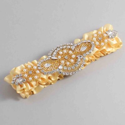 Chamois Satin with Gold Wedding Garter / Gold Wedding Garters / Charlotte # (614-614)-01-A05-Gold