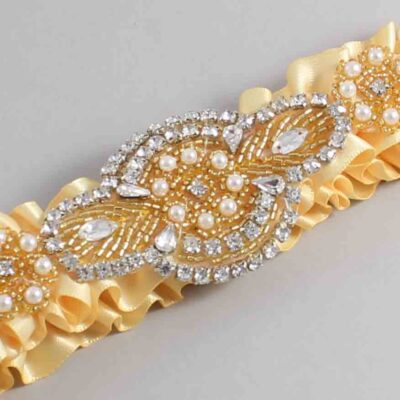 Chamois Satin with Gold Wedding Garter / Gold Wedding Garters / Charlotte # (614-614)-01-A05-Gold