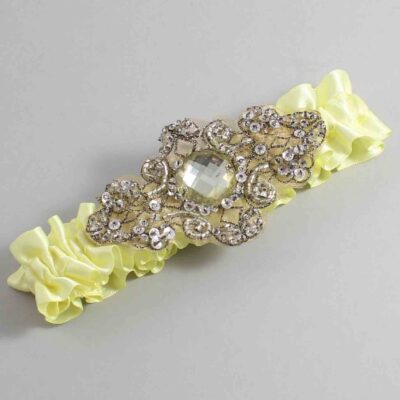 Lemon Chiffon Satin with Brown Wedding Garter / Yellow Wedding Garters / Bijou # (617-617)-01-A01-Antique
