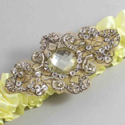 Lemon Chiffon Satin with Brown Wedding Garter / Yellow Wedding Garters / Bijou # (617-617)-01-A01-Antique