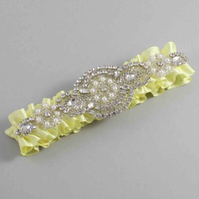 Lemon Chiffon Satin Wedding Garter / Solid Yellow Wedding Garters / Charlotte # (617-617)-01-A06-Silver