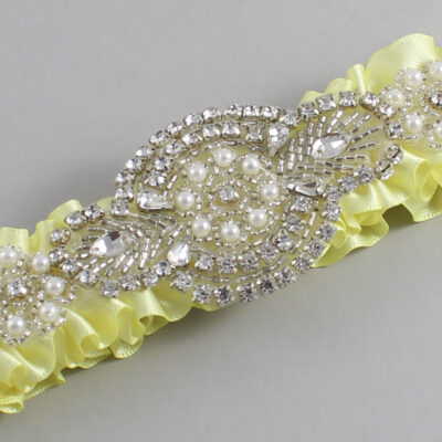 Lemon Chiffon Satin Wedding Garter / Solid Yellow Wedding Garters / Charlotte # (617-617)-01-A06-Silver