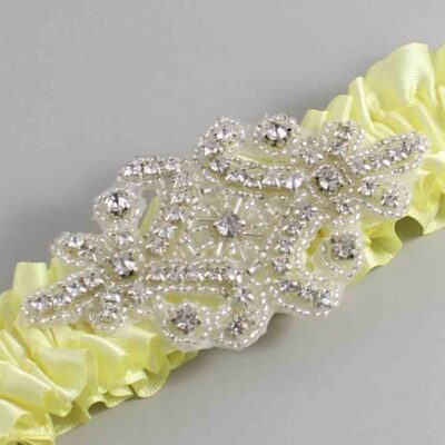 Lemon Chiffon Satin Wedding Garter / Solid Yellow Wedding Garters / Heather # (617-617)-01-A07-Silver