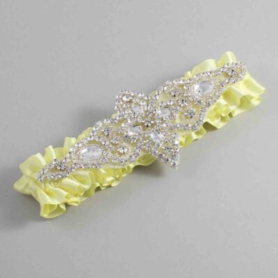 Lemon Chiffon Satin Wedding Garter / Solid Yellow Wedding Garters / Lorine # (617-617)-01-A09-Silver