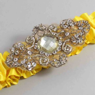 Sunglow Satin with Brown Wedding Garter / Yellow Wedding Garters / Bijou # (645-645)-01-A01-Antique