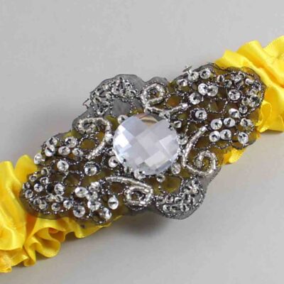 Sunglow Satin with Black Wedding Garter / Yellow Wedding Garters / Bijou # (645-645)-01-A02-Black