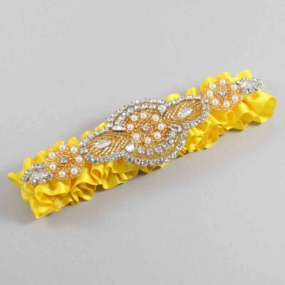 Sunglow Satin with Gold Wedding Garter / Yellow Wedding Garters / Charlotte # (645-645)-01-A05-Gold