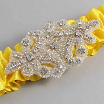 Sunglow Satin Wedding Garter / Solid Yellow Wedding Garters / Heather # (645-645)-01-A07-Silver