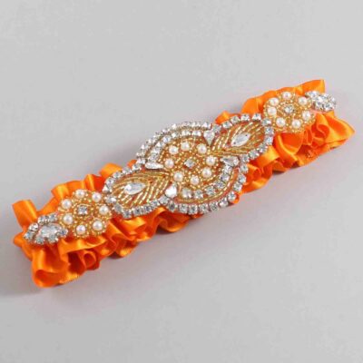 Tangerine Satin with Gold Wedding Garter / Orange Wedding Garters / Charlotte # (668-668)-01-A05-Gold