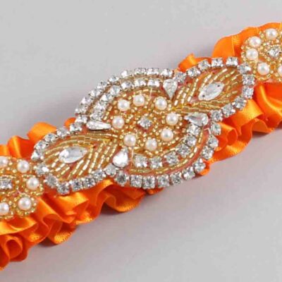 Tangerine Satin with Gold Wedding Garter / Orange Wedding Garters / Charlotte # (668-668)-01-A05-Gold