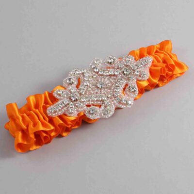 Tangerine Satin Wedding Garter / Solid Orange Wedding Garters / Heather # (668-668)-01-A07-Silver