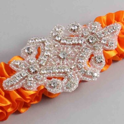 Tangerine Satin Wedding Garter / Solid Orange Wedding Garters / Heather # (668-668)-01-A07-Silver
