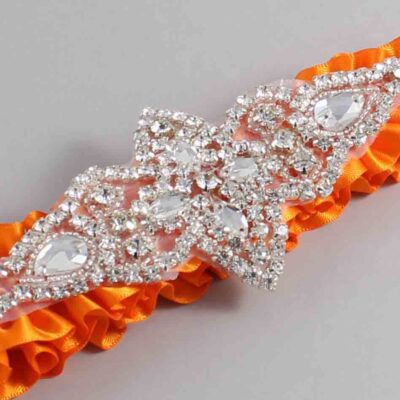 Tangerine Satin Wedding Garter / Solid Orange Wedding Garters / Lorine # (668-668)-01-A09-Silver